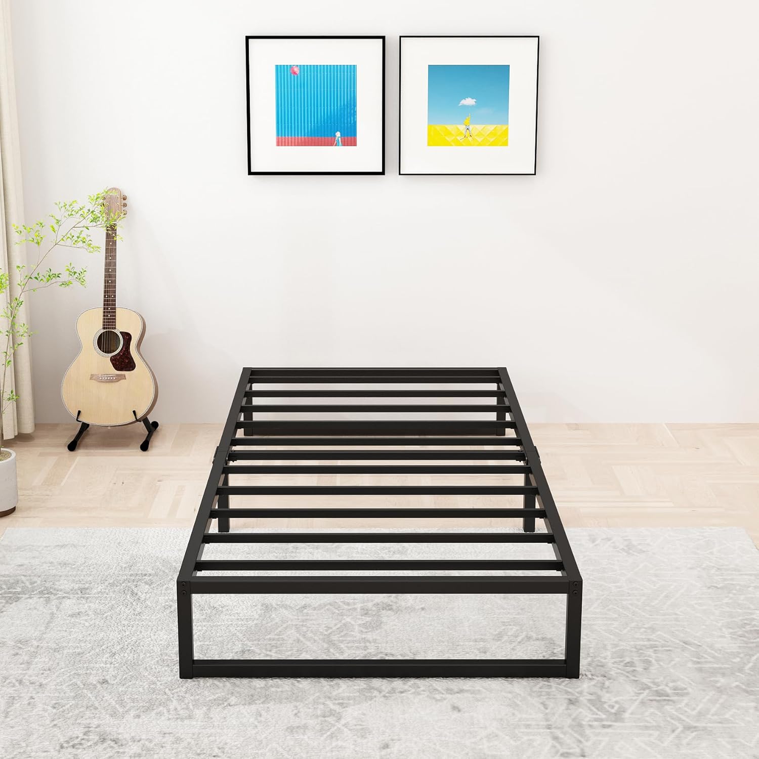 14 Inch Queen Bed Frame Heavy Duty Steel Slat Support Metal Platform Bed Frame Queen Size No Box Spring Needed, Easy Assembly, Black