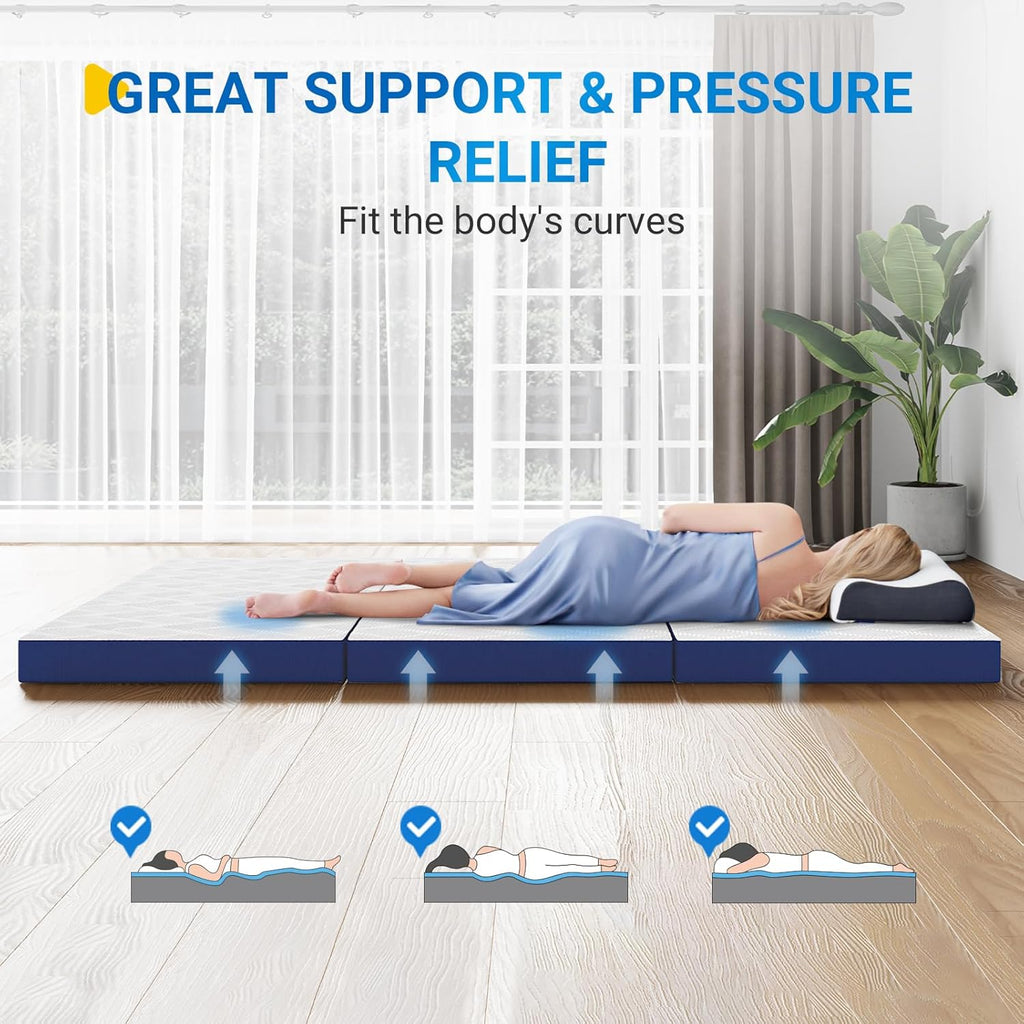Avenco Foldable Mattress Single, Folding Mattress 4 Inch Memory Foam, Trifold Mattress Portable with Removable Cover & Detachable for Guest Room/Caravan/Camping/Travel, 75"x25"x4"