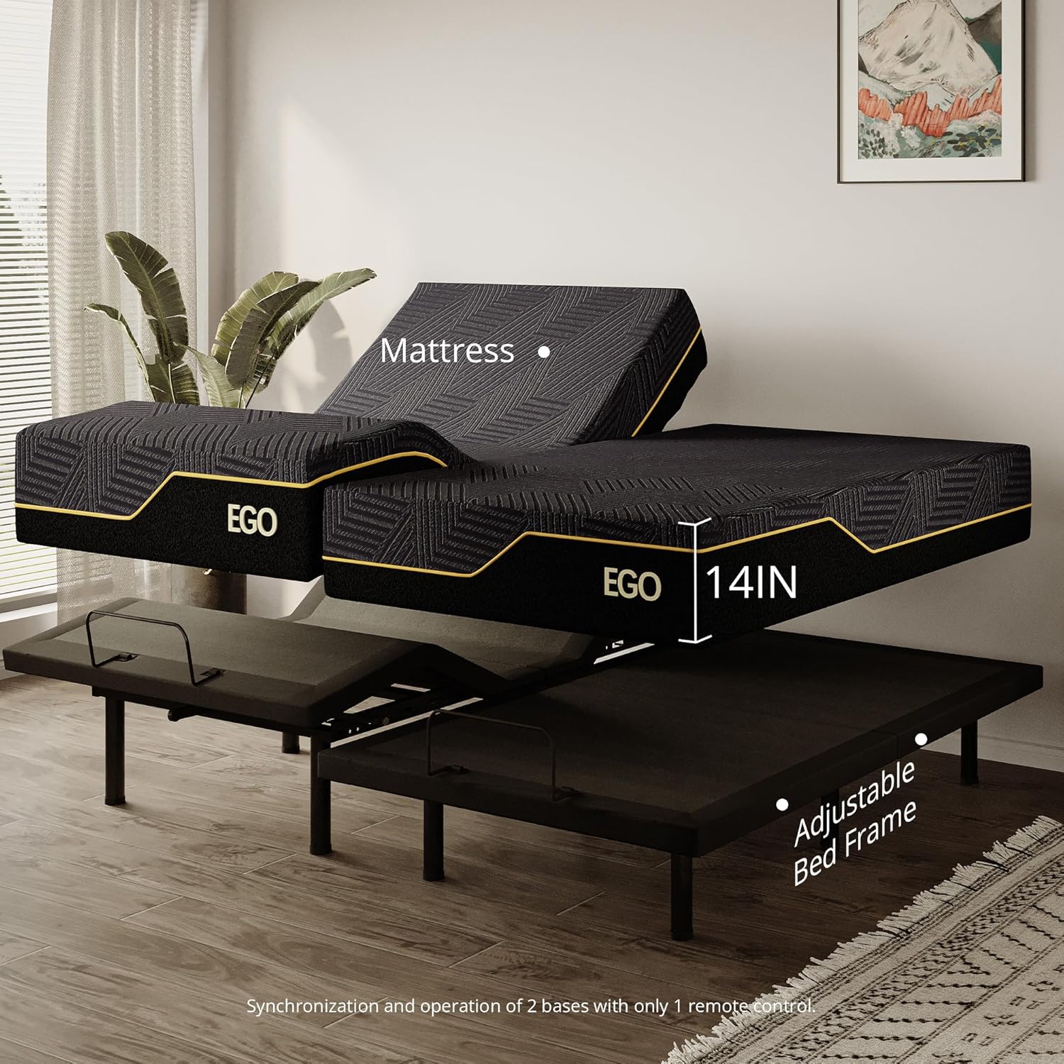 EGOHOME Split King Adjustable Bed Frame and 14" Memory Foam Mattress, Independent Head and Foot Incline Electric Bed with Massage, Wireless Remote, Zero Gravity, LED Lights, USB Ports, Adjustable Legs