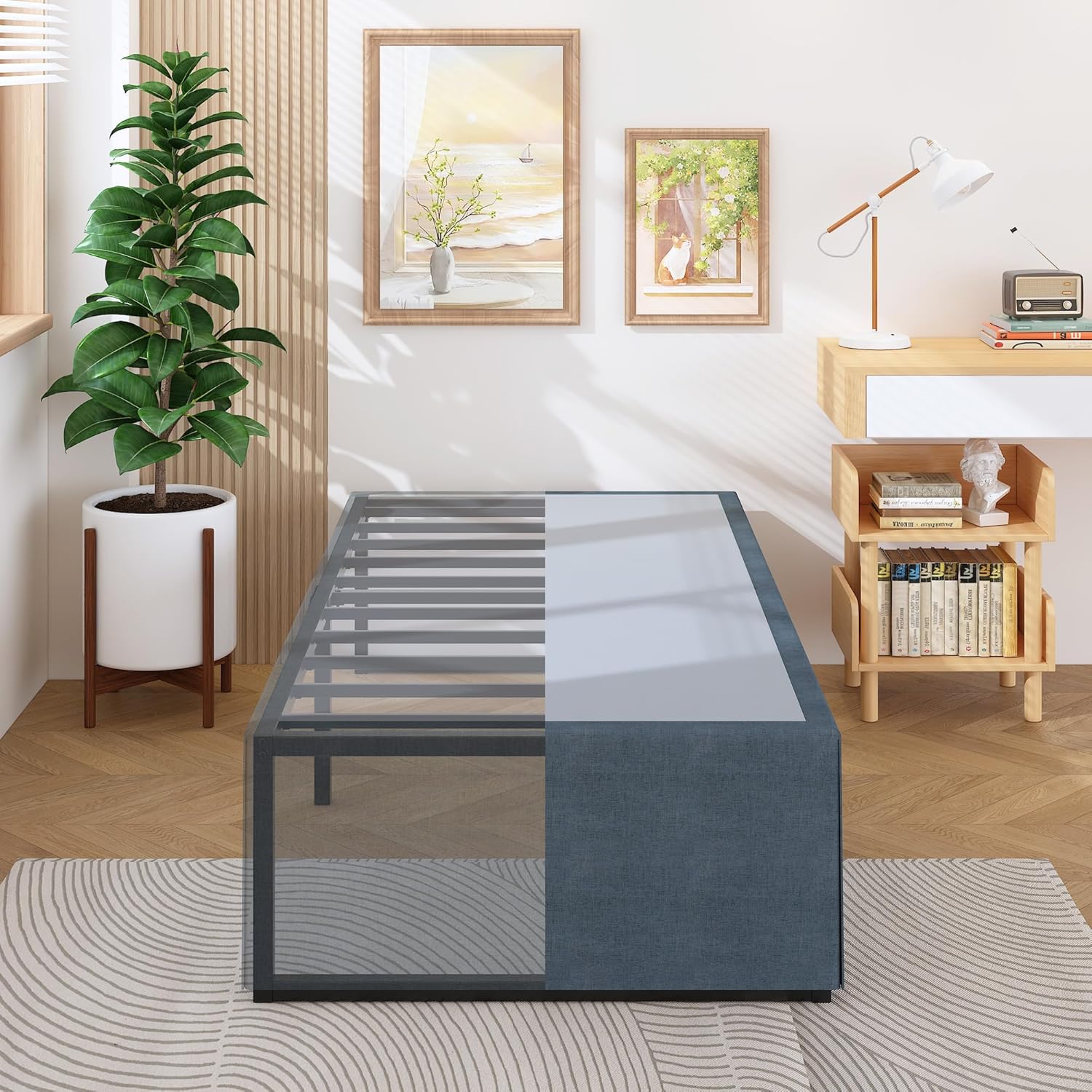 14 Inch Queen Bed Frame Heavy Duty Steel Slat Support Metal Platform Bed Frame Queen Size No Box Spring Needed, Easy Assembly, Black