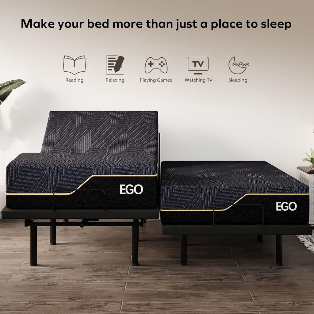 EGOHOME Split King Adjustable Bed Frame and 14" Memory Foam Mattress, Independent Head and Foot Incline Electric Bed with Massage, Wireless Remote, Zero Gravity, LED Lights, USB Ports, Adjustable Legs