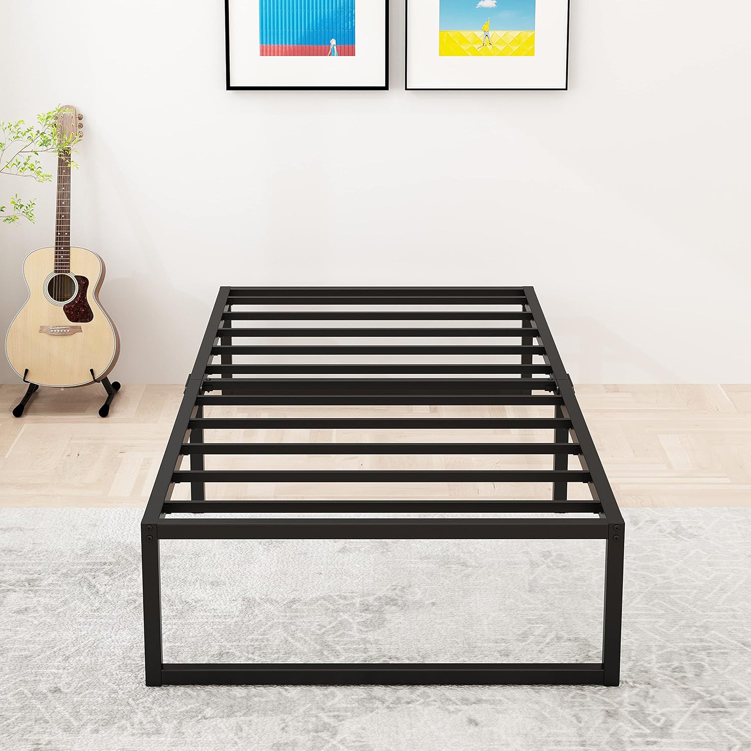 14 Inch Queen Bed Frame Heavy Duty Steel Slat Support Metal Platform Bed Frame Queen Size No Box Spring Needed, Easy Assembly, Black