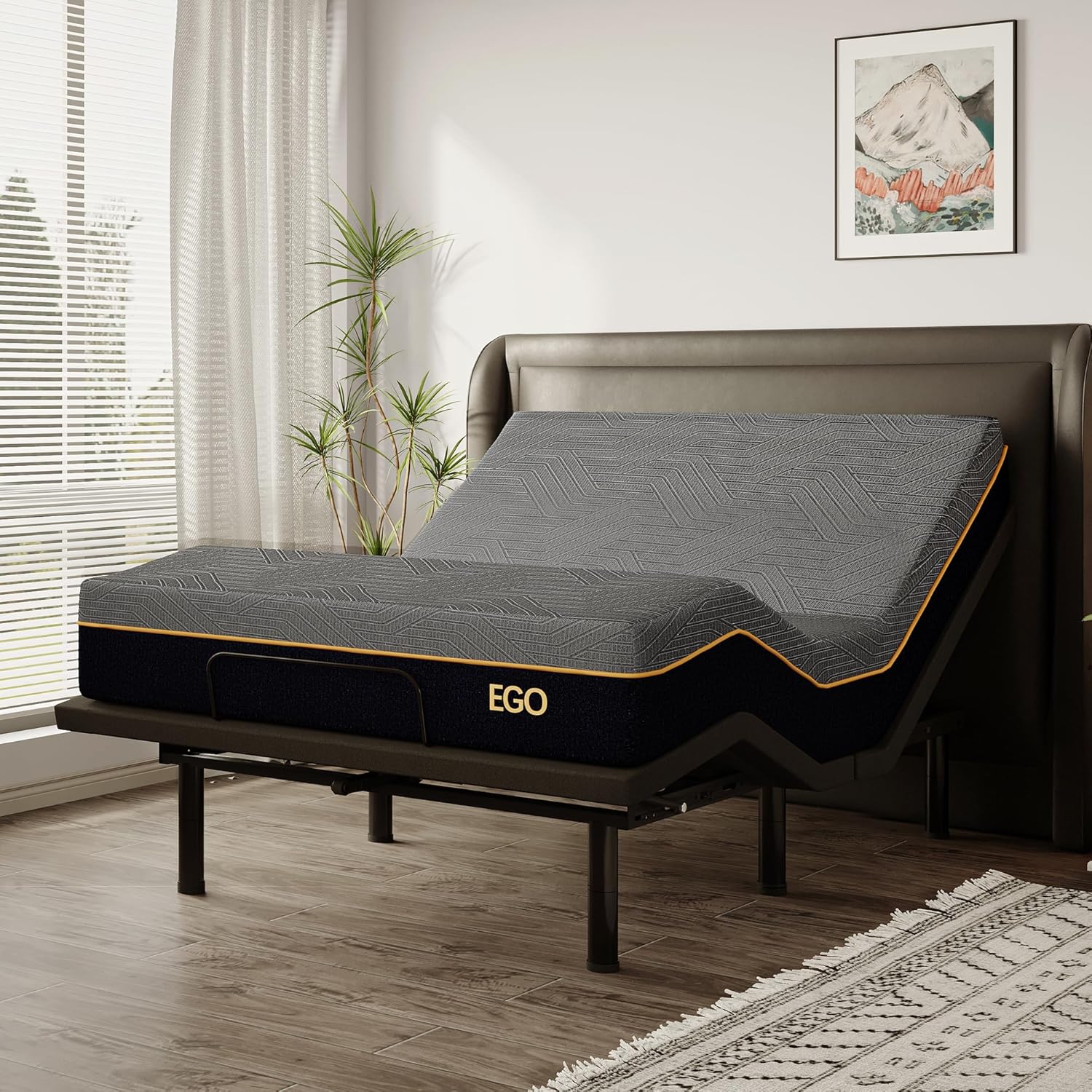 EGOHOME Split King Adjustable Bed Frame and 14" Memory Foam Mattress, Independent Head and Foot Incline Electric Bed with Massage, Wireless Remote, Zero Gravity, LED Lights, USB Ports, Adjustable Legs